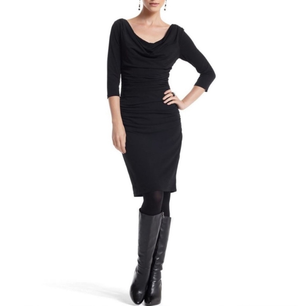 WHBM Black Ruched Draped Neck Dress 3/4 Sleeve 0